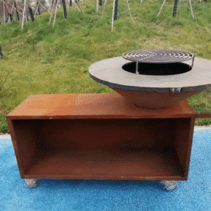 Corten steel charcoal BBQ grill on outdoor patio