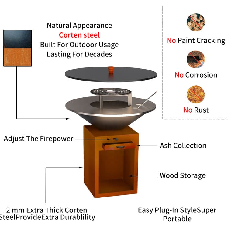 Corten steel charcoal BBQ grill